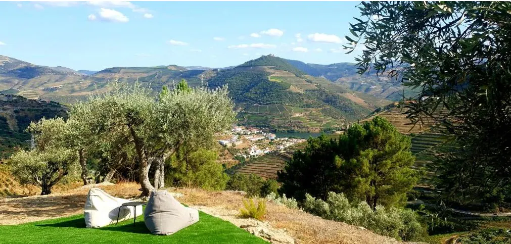 Scenic view of Douro Valley with mountains, river, and a village. Two beanbag chairs sit on green turf in the foreground. Olive trees frame the landscape.