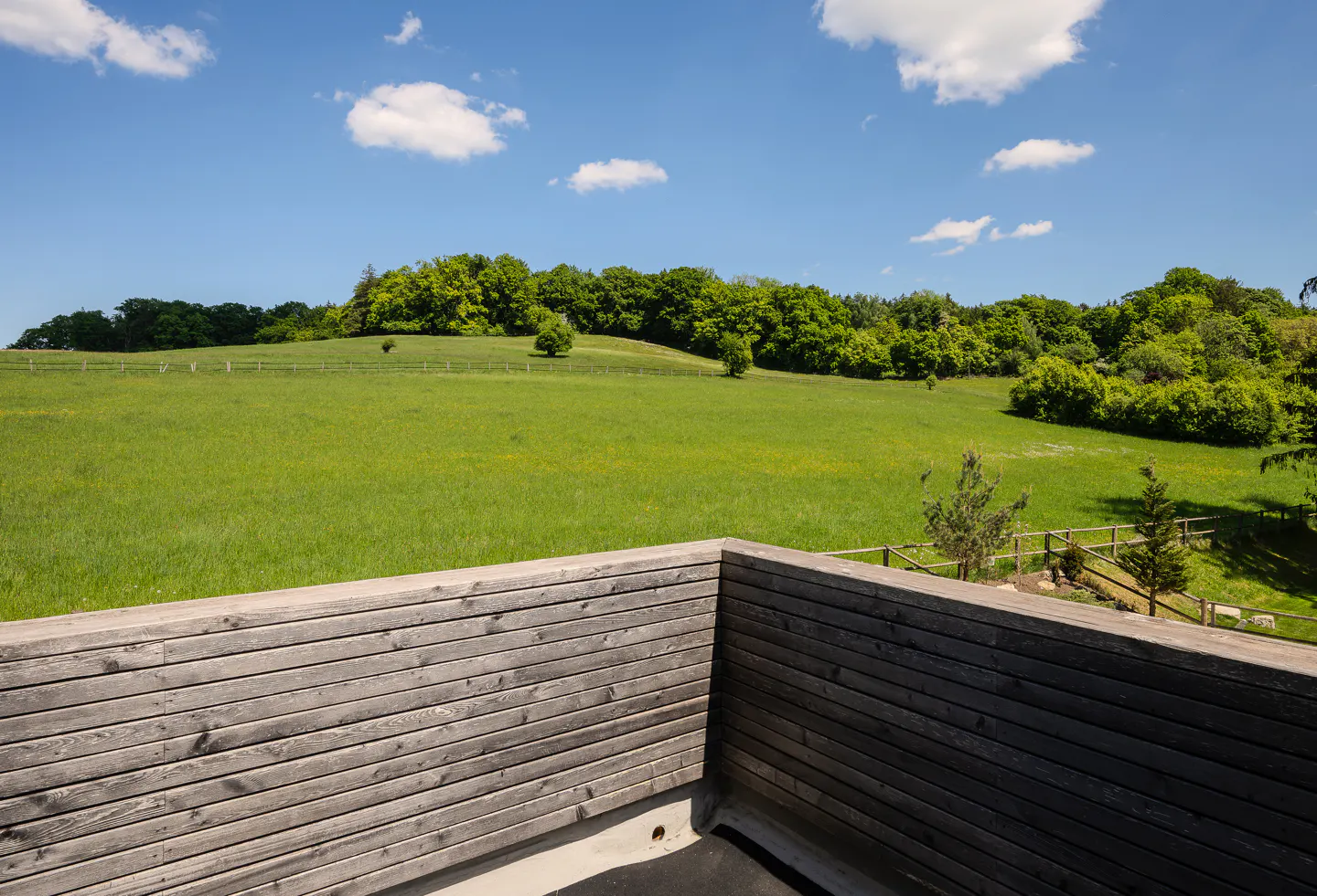 View from a wooden deck overlooking a green field with trees under a blue sky with white clouds.
