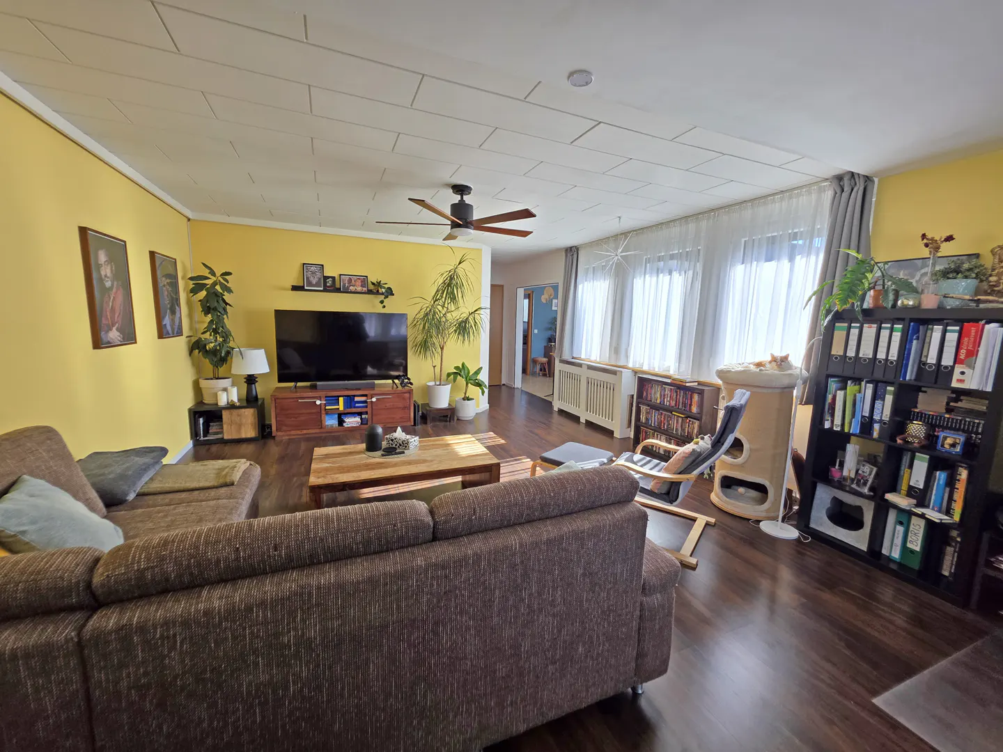 A living room with yellow walls, a brown sofa, a wooden coffee table, and a TV. A cat is on a cat tree near a window with white curtains.