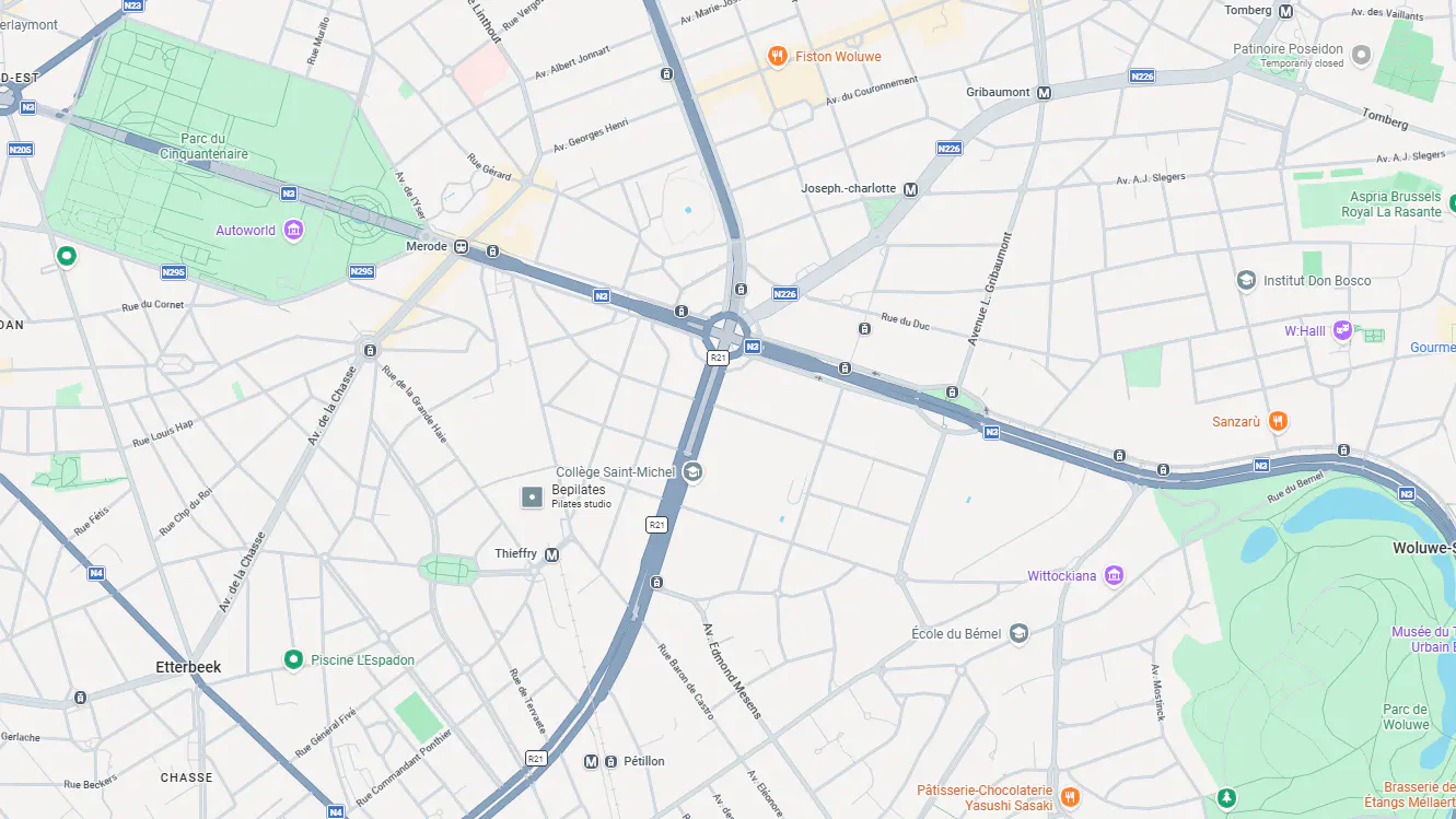 Map view of Brussels, Belgium, showing streets, parks, and metro stations. Key locations include Parc du Cinquantenaire and Woluwe Park.
