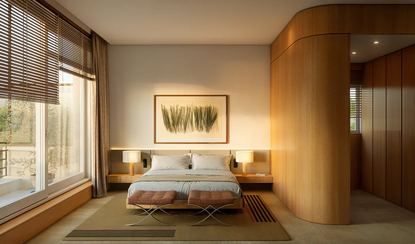 Bedroom with a large window, wooden blinds, a bed with two benches, and a wooden wall.