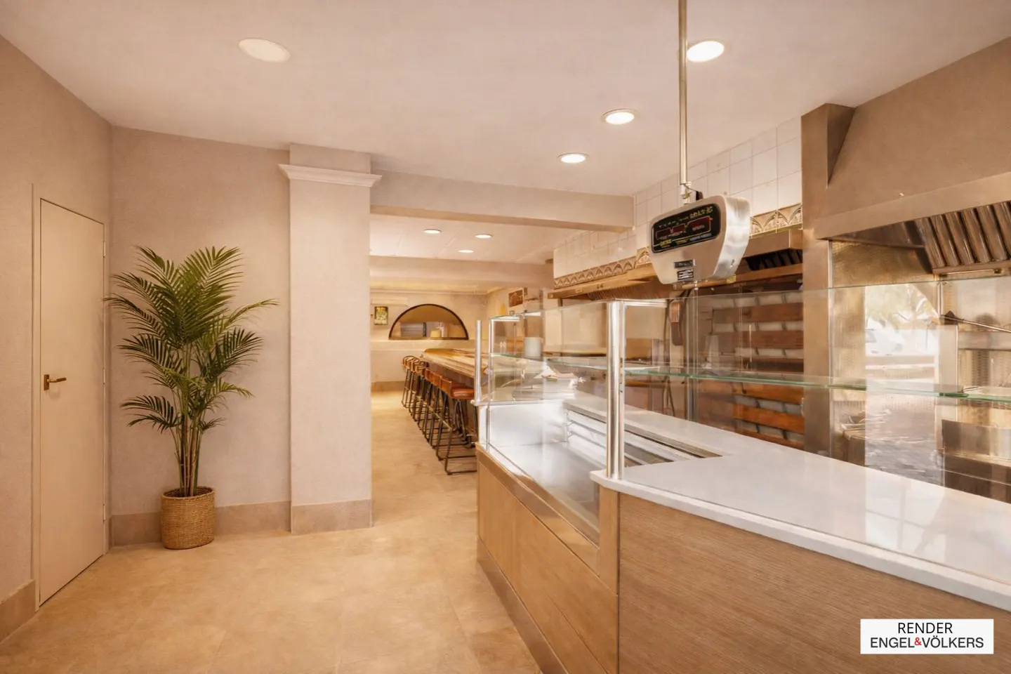 A bright, empty restaurant space with a counter, kitchen equipment, and seating in the background. A potted palm sits near a door on the left.