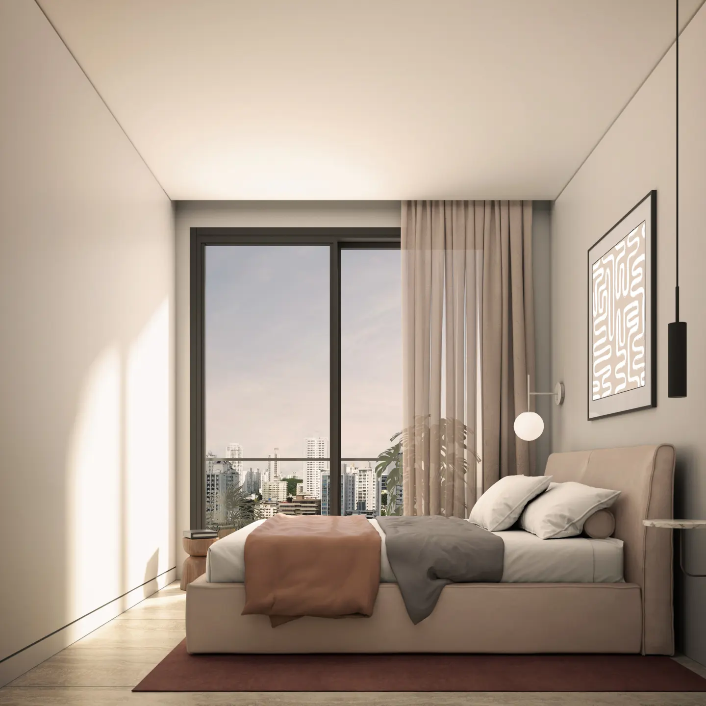 Modern bedroom with a beige bed, white linens, and a city view through a large window. Artwork and a pendant light add style.
