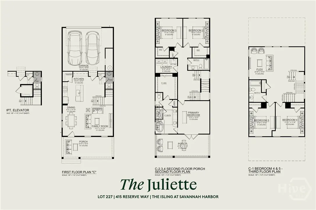 Floor plan for "The Juliette" at Savannah Harbor, showing layouts for the first, second, and third floors, including bedrooms, kitchen, and garage.