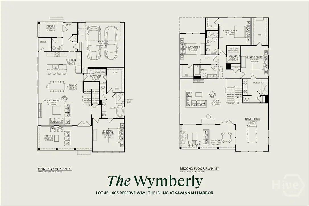 Floor plan for "The Wymberly" home, featuring a first floor with a kitchen, dining, and primary bedroom, and a second floor with bedrooms and a game room.