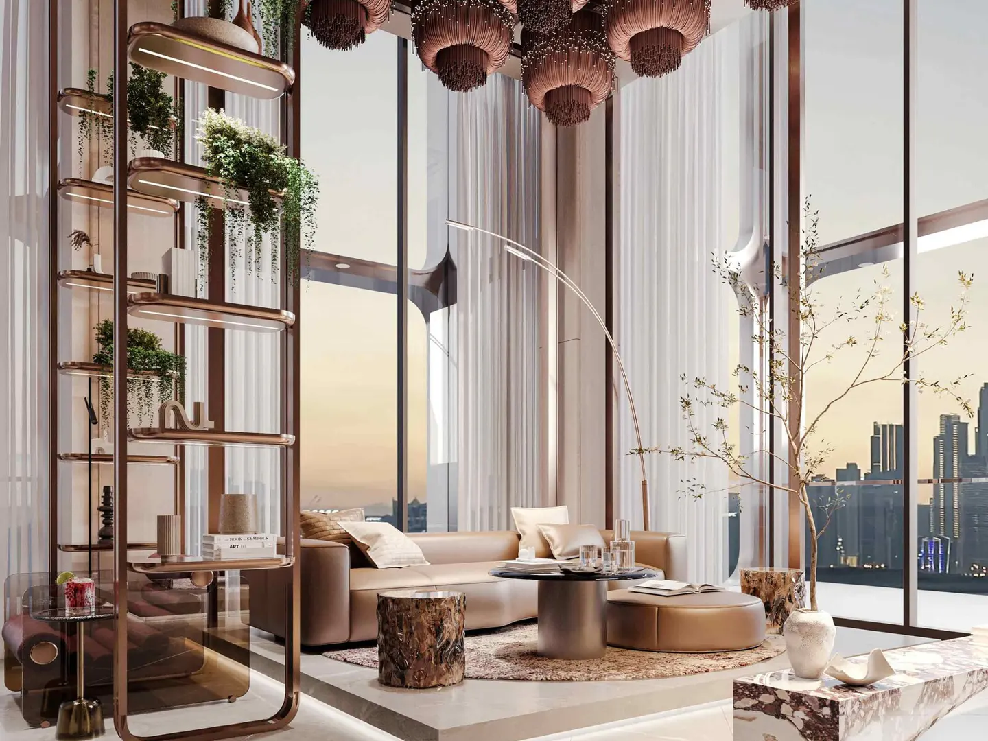 A modern living room with a brown sofa, a round table, and a tall bookshelf with plants. Large windows offer a city view.