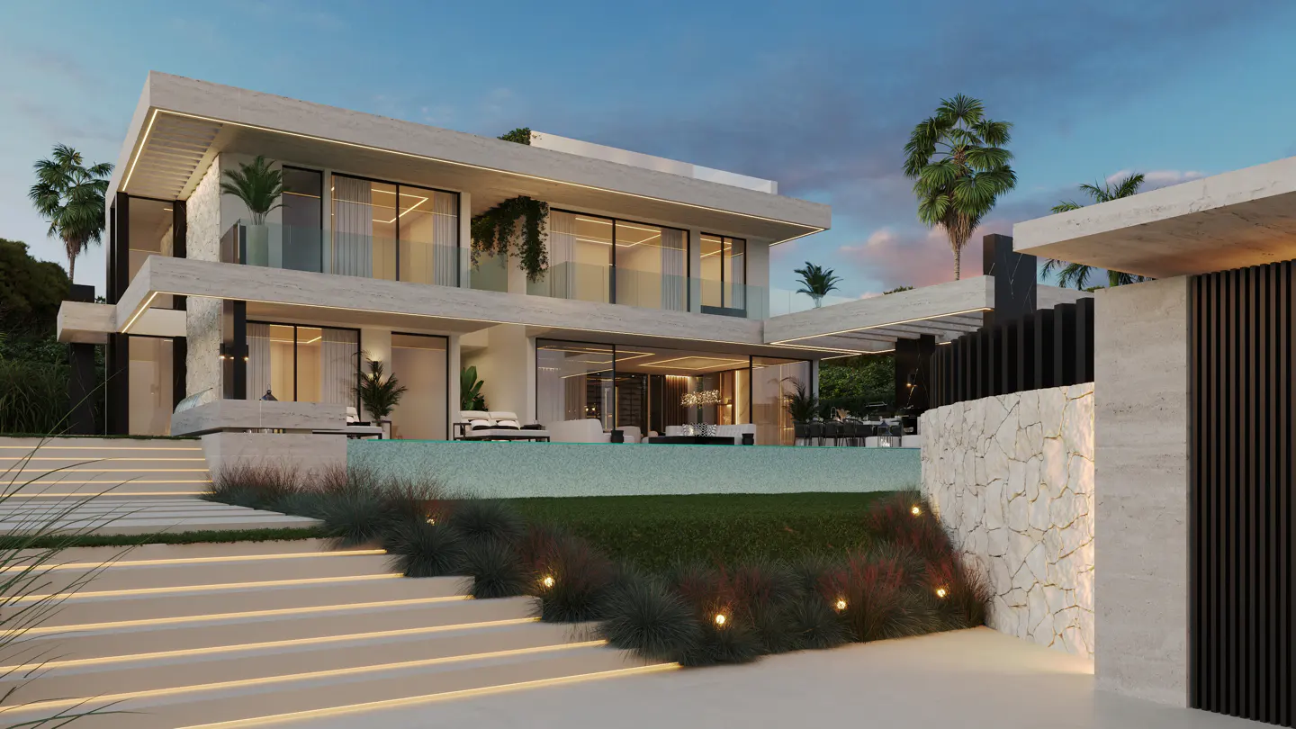 Modern two-story home with a pool. The home has large windows and a flat roof. Steps lead up to the house, with lights illuminating the path.