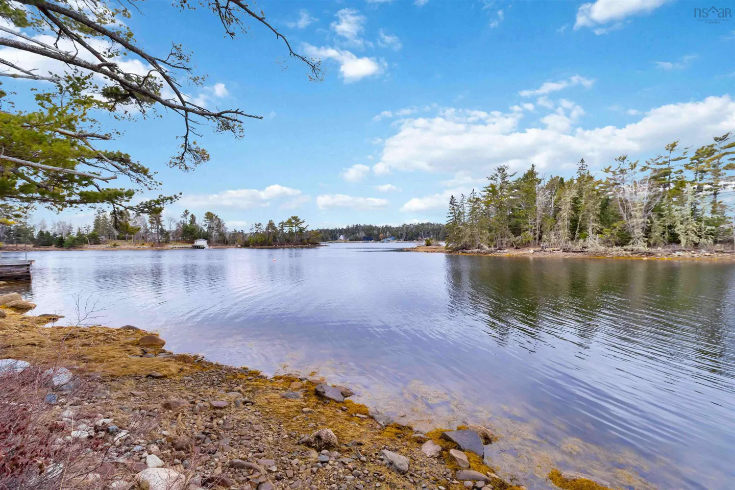 Scenic view of a calm lake surrounded by green trees under a blue sky with scattered clouds. Rocky shoreline in the foreground.