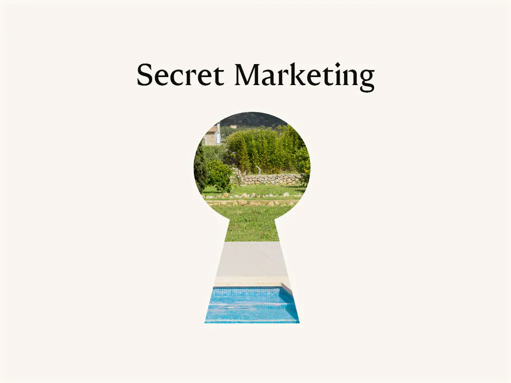 "Secret Marketing" text above a keyhole shape revealing a pool, lawn, and greenery.