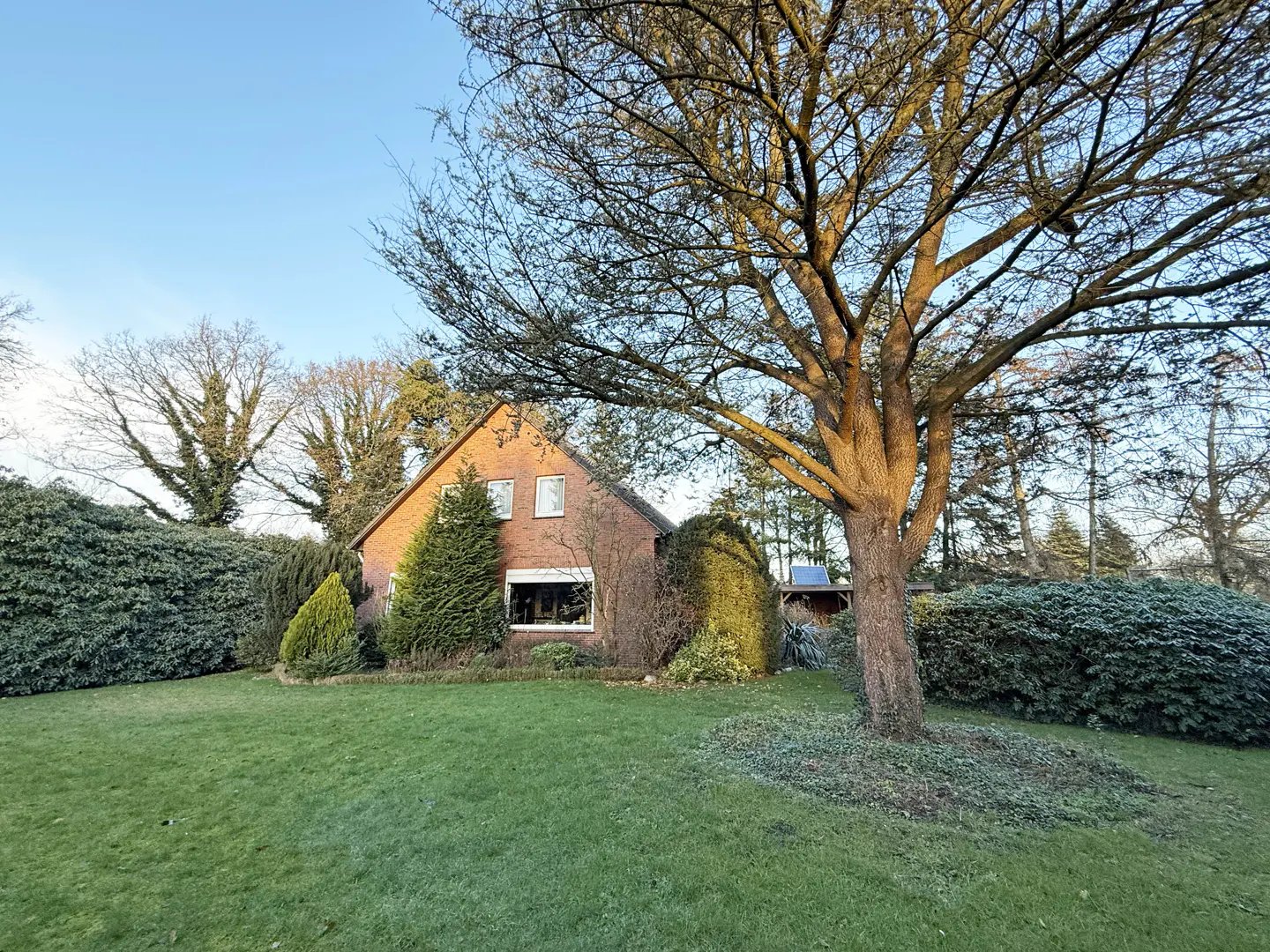 A brick house with a green lawn and a large tree in the front yard.