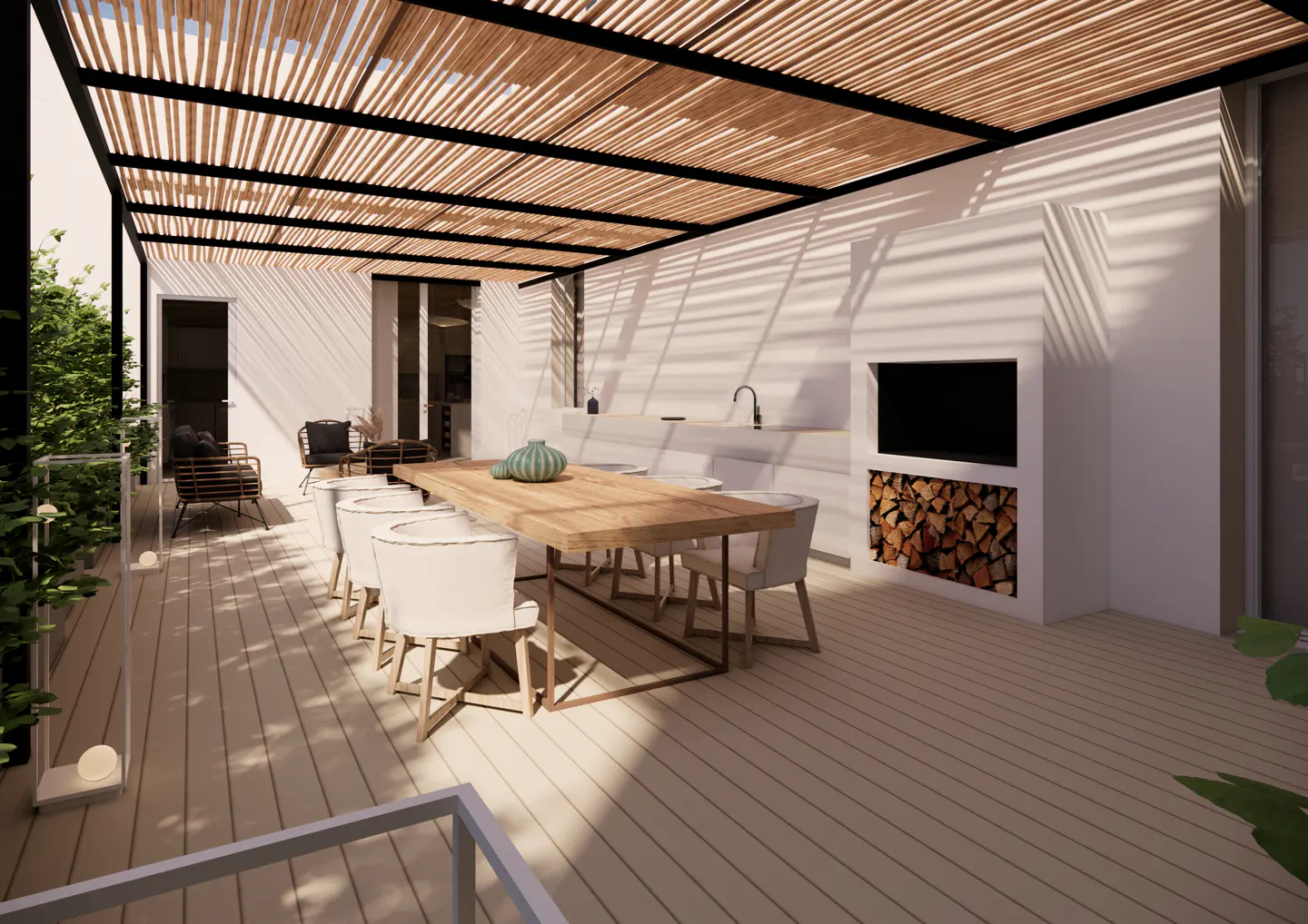 Outdoor patio with a wood slat roof, a long wooden table with white chairs, and a fireplace with stacked wood.