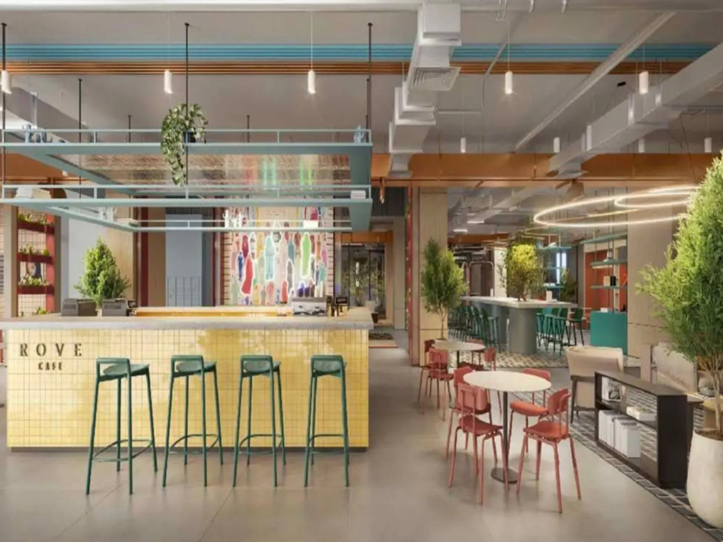 Interior view of Grove Cafe with yellow tiled bar, green stools, red chairs, and plants.