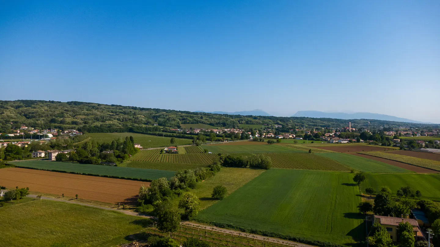 Aerial view of a rural landscape with green and brown fields, trees, and a village under a clear blue sky.