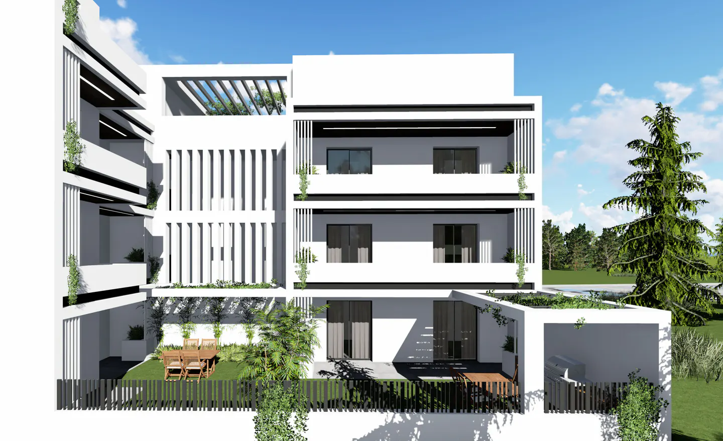 Modern white apartment building with black trim, balconies, and green landscaping against a blue sky.
