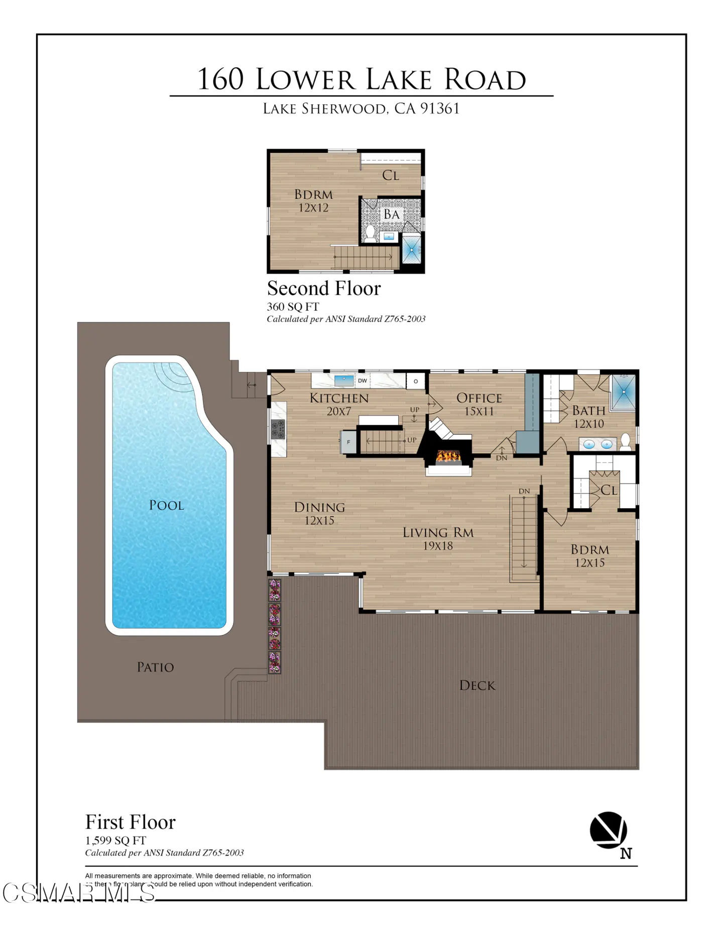 Floor plan for 160 Lower Lake Road, showing a two-story layout with a pool, patio, deck, and labeled room dimensions.