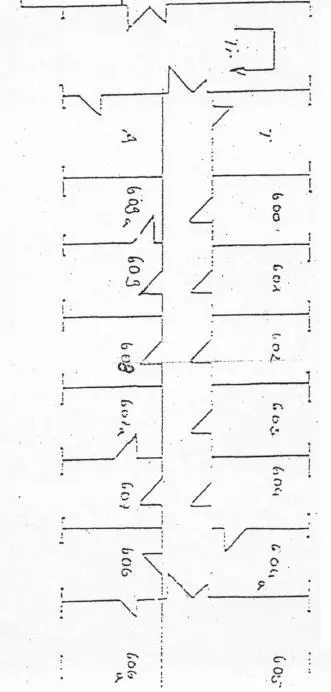 Blueprint floor plan of a building with numbered rooms and doors.