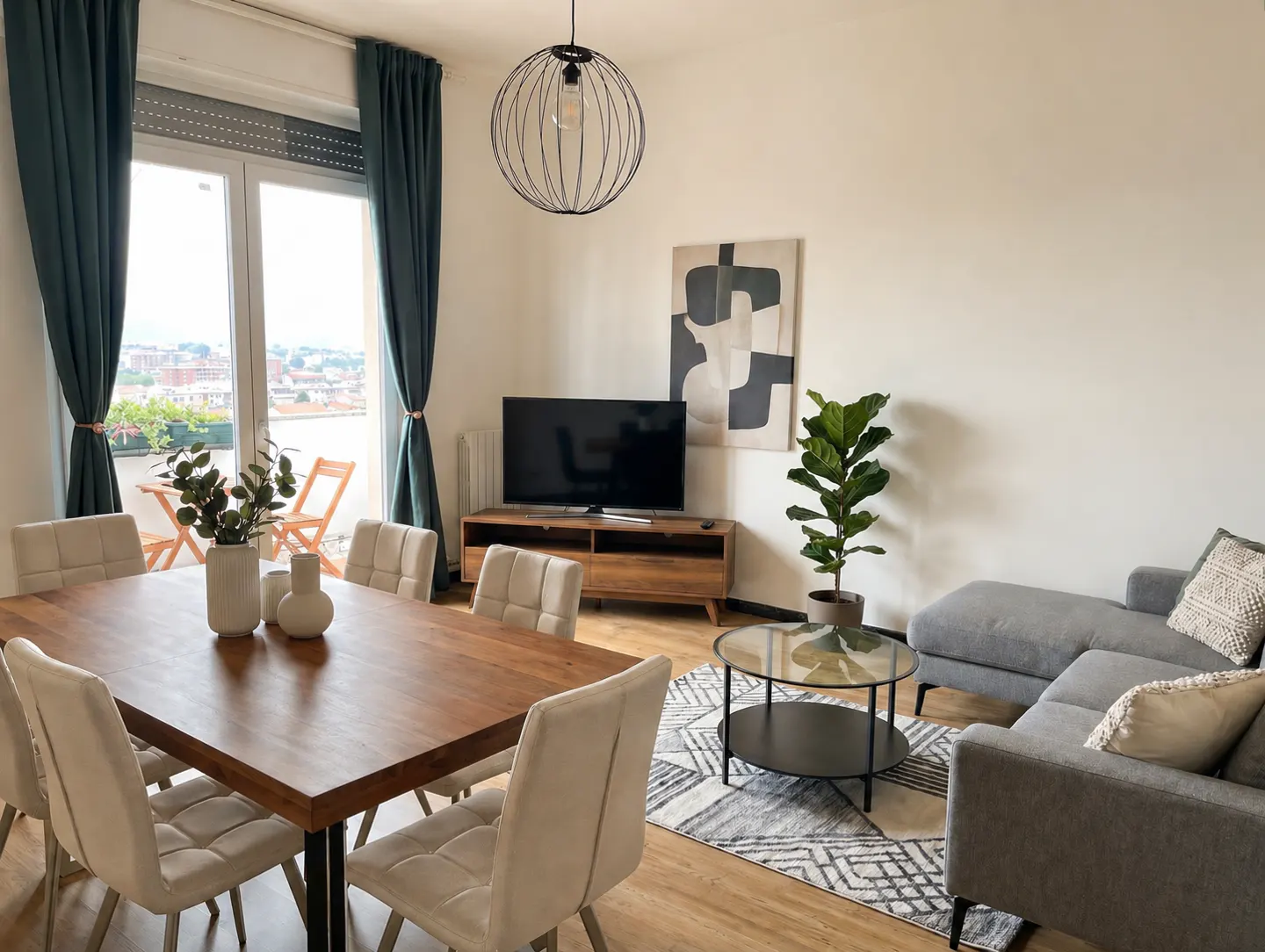 Bright living and dining area with a wood table, gray sofa, TV, and balcony view.