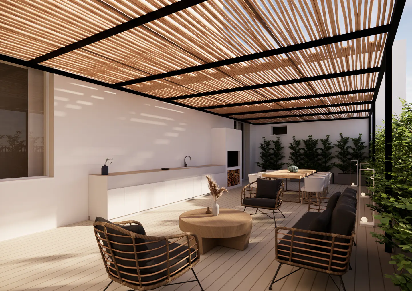Outdoor patio with a wooden pergola, wicker furniture, and a built-in kitchen area. The space is decorated with plants and greenery.