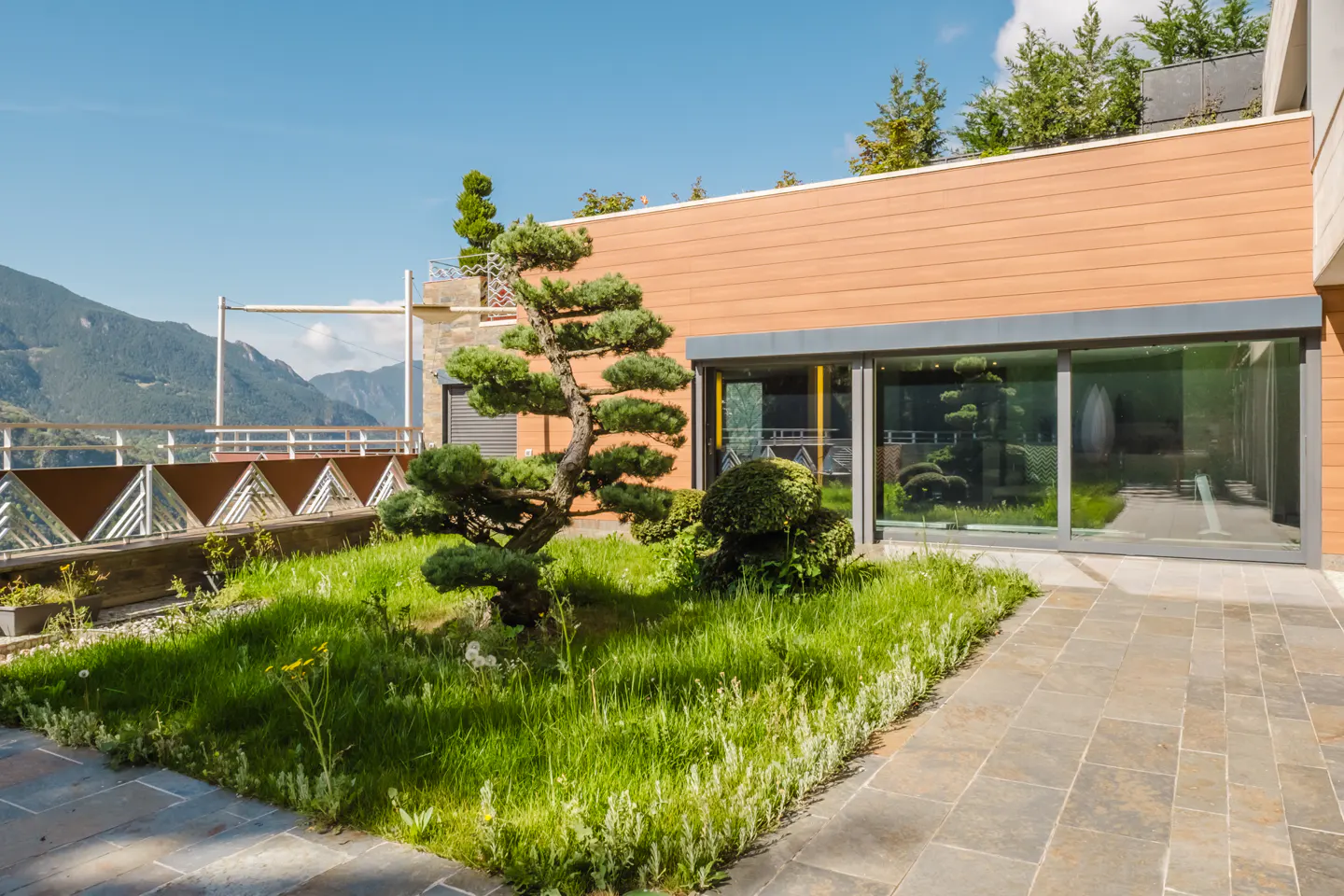 Modern terrace with a manicured lawn, a sculpted bonsai tree, stone patio, and glass sliding doors against mountain views.