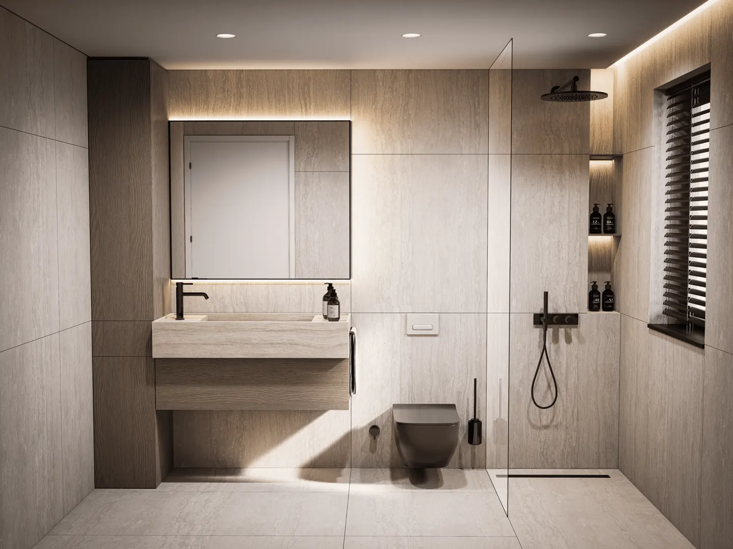 Modern bathroom with light stone tiles, featuring a floating vanity, wall-mounted toilet, and glass-enclosed shower with black fixtures.