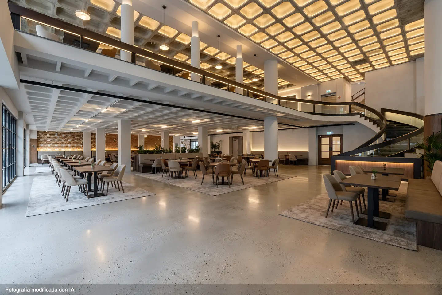 A spacious restaurant with tables, chairs, and a mezzanine level. A spiral staircase is visible on the right.
