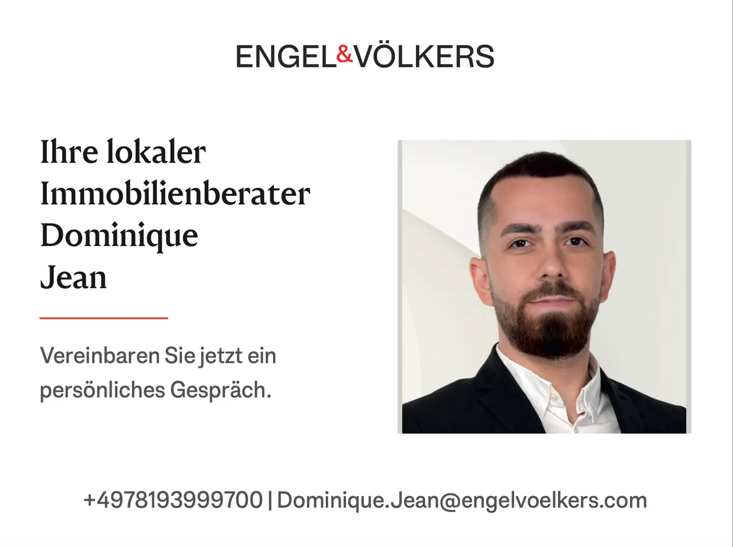 Engel & Völkers ad featuring Dominique Jean, a man with a beard wearing a black suit and white shirt.