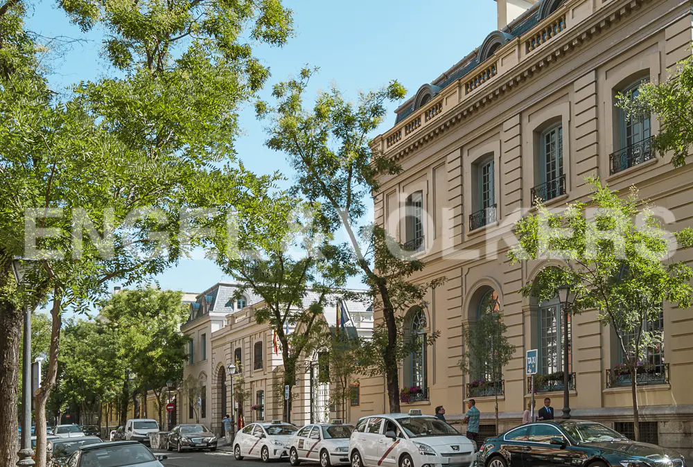 Street view of beige buildings with blue window frames, green trees, and parked cars on a sunny day.