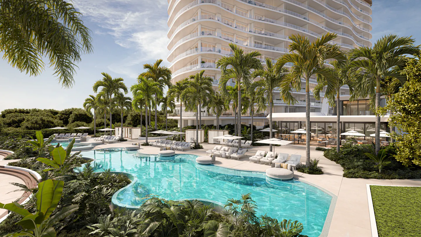 Luxury resort with a turquoise pool, palm trees, and white lounge chairs. A modern, curved high-rise building is in the background.