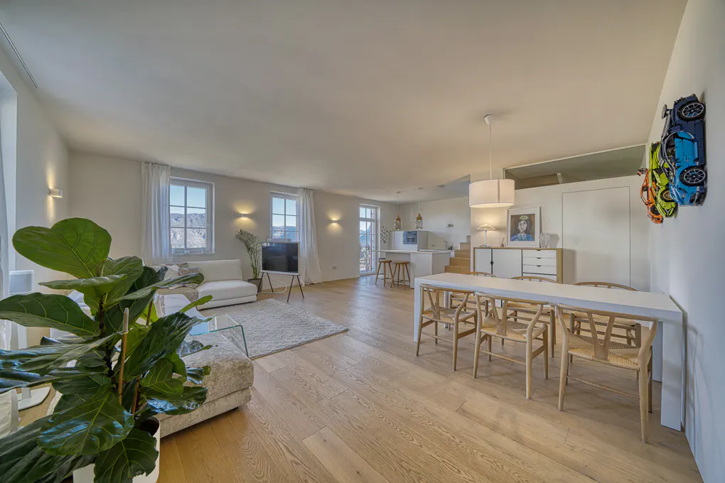 Bright, open-concept living space with wood floors, white walls, and modern furniture. A large plant sits near a sofa, and a dining table is set for six.