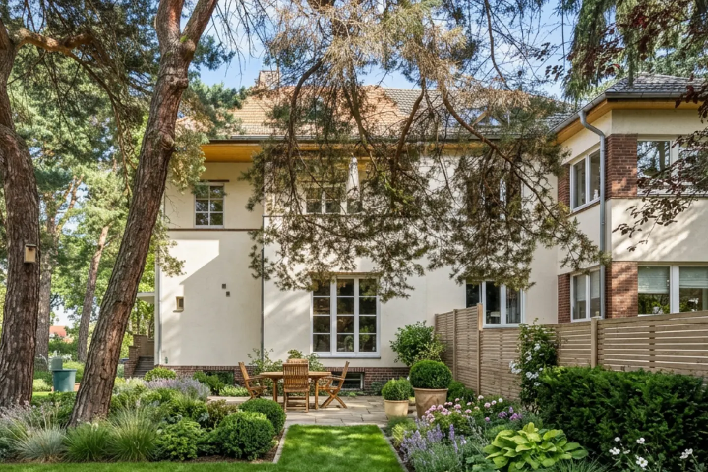 Backyard view of a two-story white house with a wooden table and chairs on a stone patio surrounded by green plants.