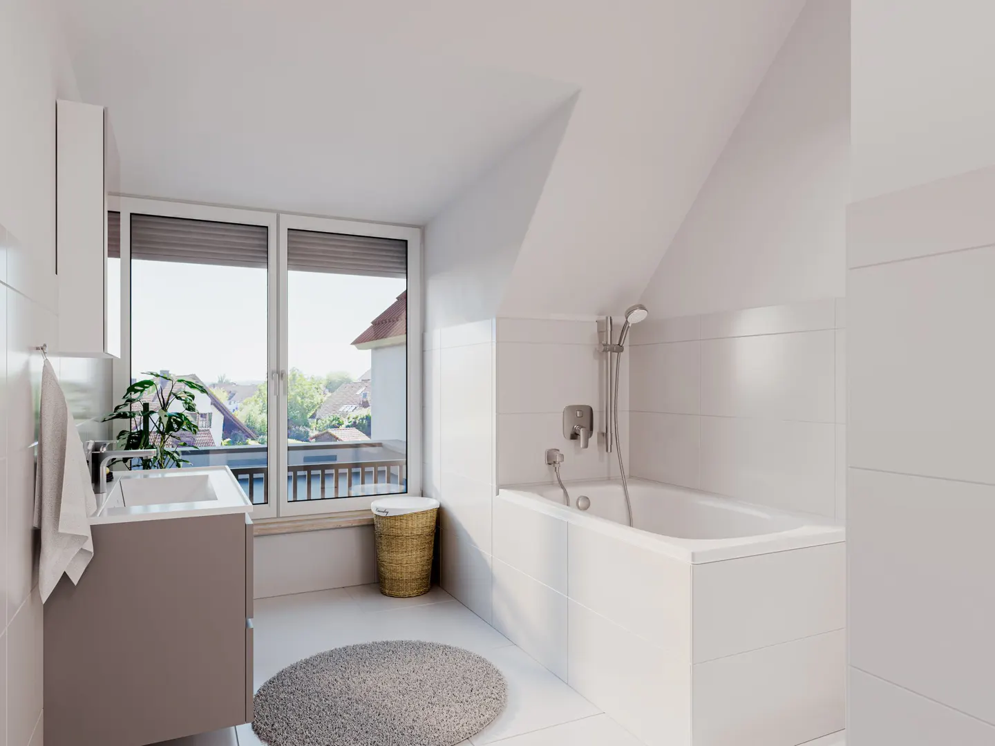 Modern white bathroom with a bathtub, vanity, round grey rug, wicker laundry basket, and a window overlooking a neighborhood.