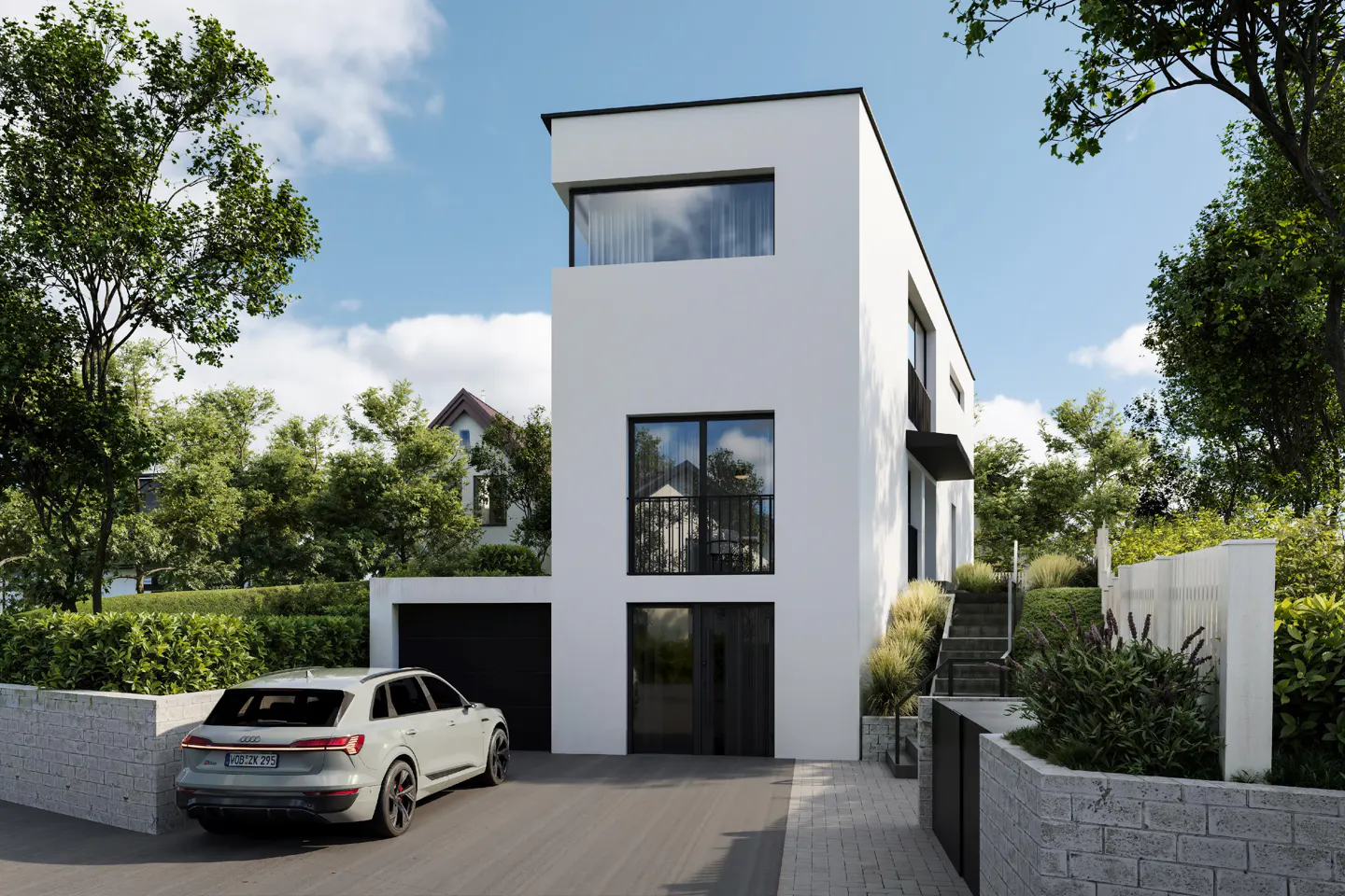 Modern white house with black trim, large windows, and a gray Audi parked in the driveway. Lush green trees surround the property.