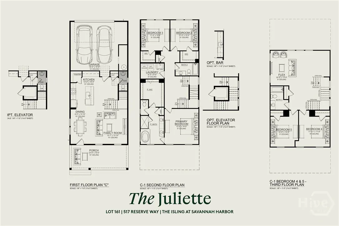 Floor plan of "The Juliette" house with garage, kitchen, dining, family room, bedrooms, laundry, and flex space.