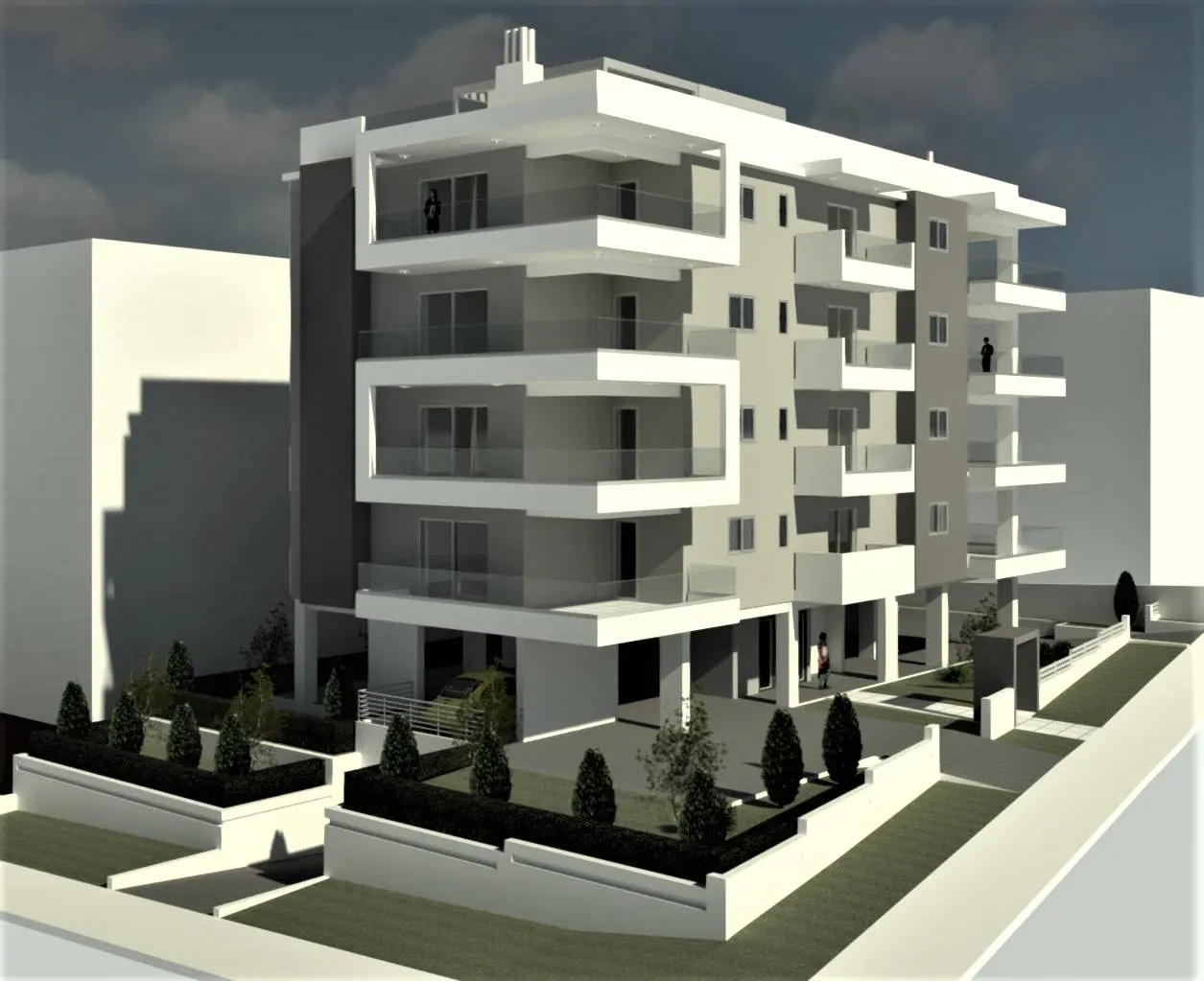 A modern four-story apartment building with white and grey exterior, glass balconies, and landscaped ground-level parking.
