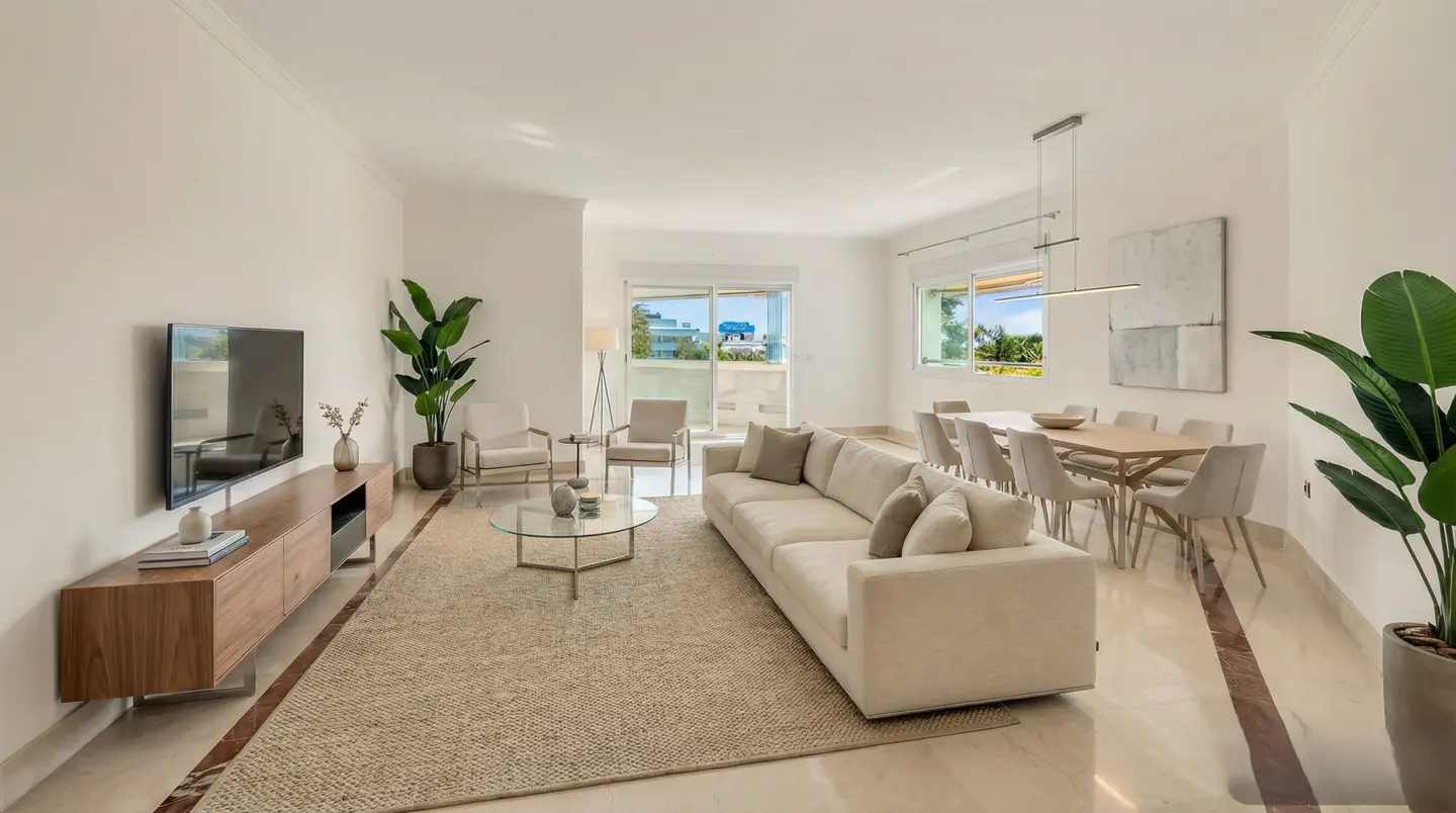 Bright, open-concept living and dining area with white walls, beige sofa, wood table, and marble floors. Balcony view.