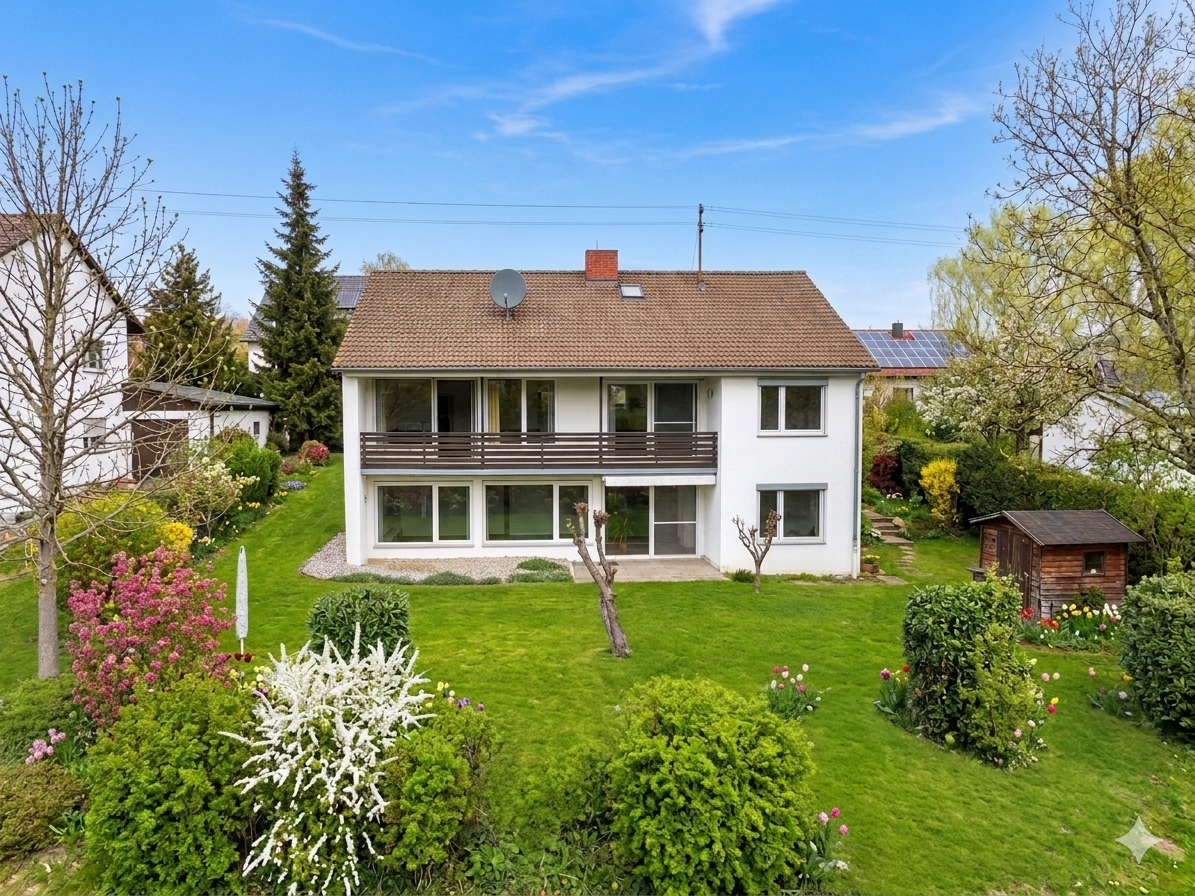 Two-story white house with a brown roof, balconies, and a green lawn with colorful flowers. Blue sky above.