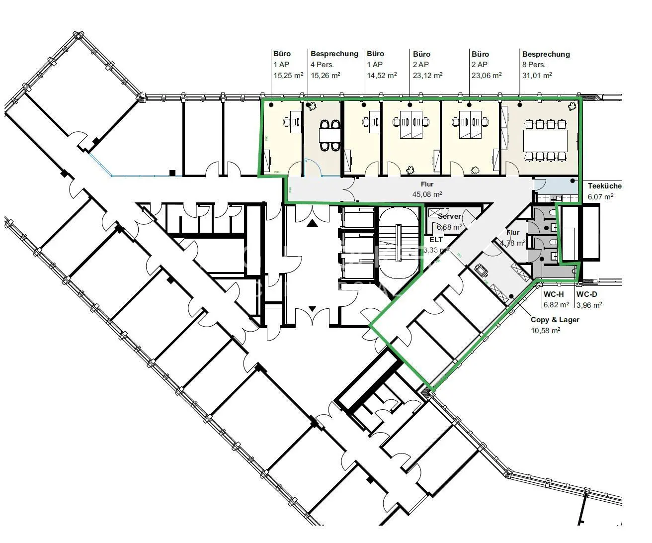 Floor plan of an office space showing highlighted rooms, including offices, meeting rooms, a kitchen, and restrooms.