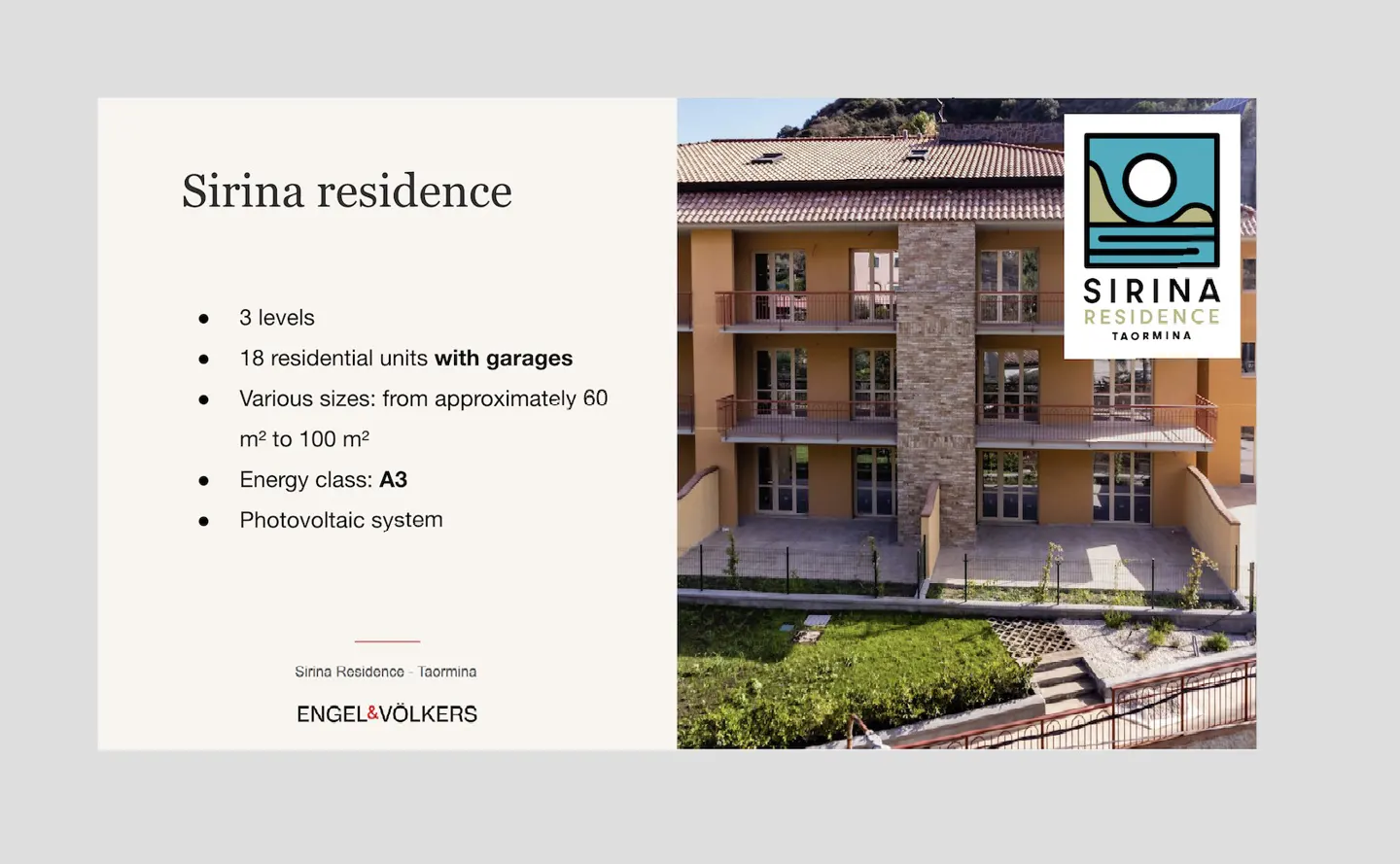 Real estate flyer for Sirina Residence in Taormina, showing a 3-level building with balconies and project details.