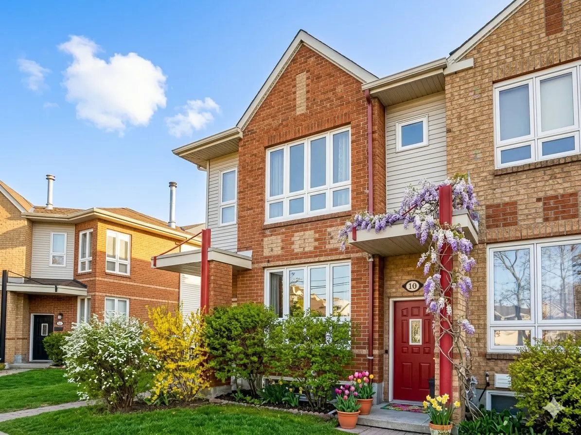 Exterior of a brick townhouse with a red door, wisteria, and green bushes. Blue sky with clouds.