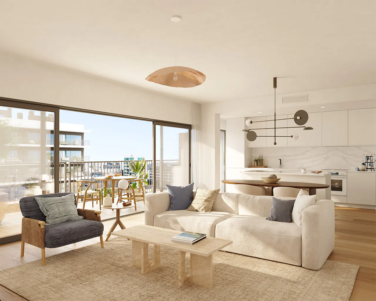 Bright, modern apartment interior with a cream sofa, wood floors, and a balcony with outdoor seating. A white kitchen is visible in the background.