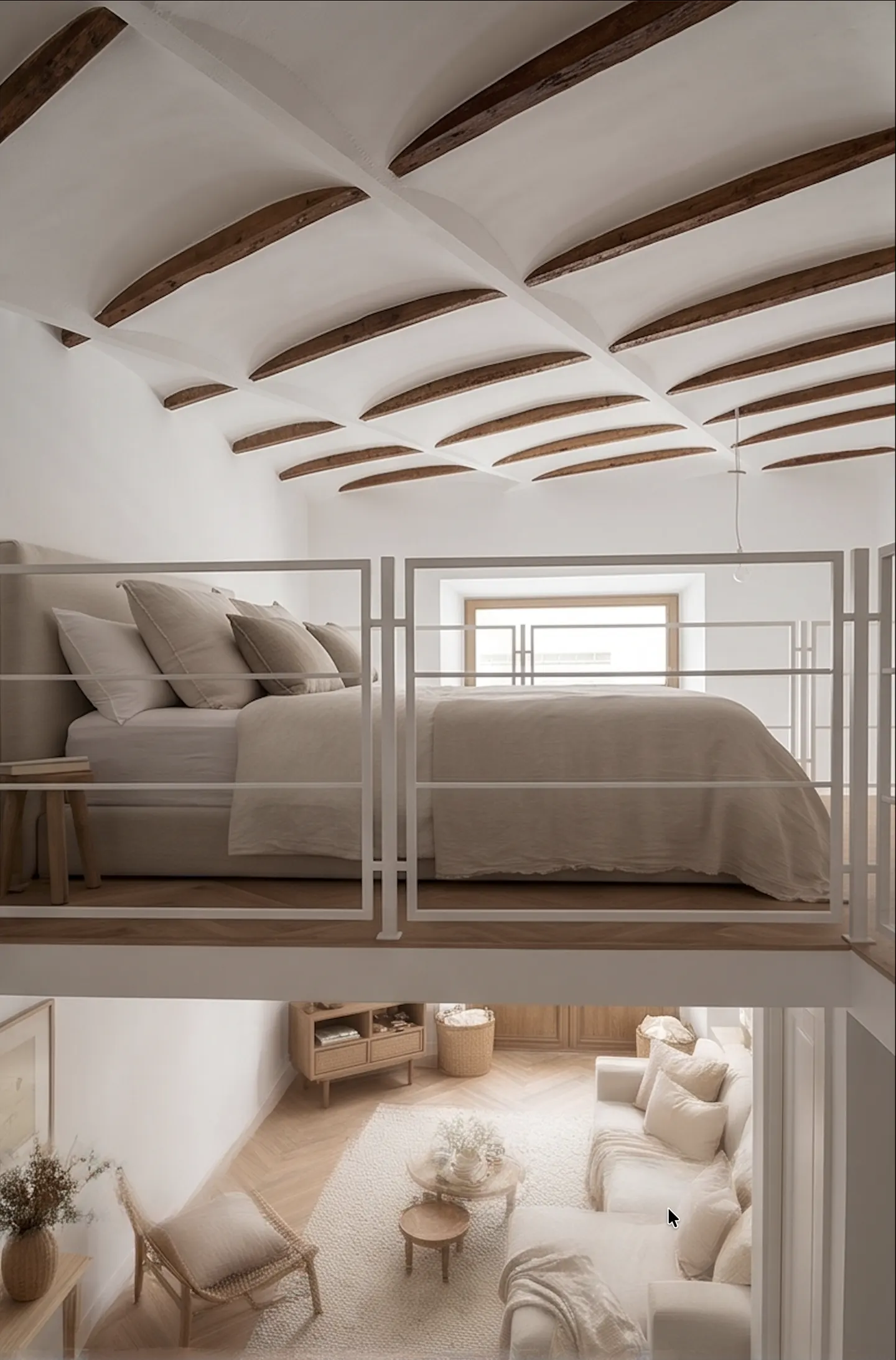 A loft apartment with a bedroom above a living room. The bedroom has a white metal railing, a bed, and a window. The living room has a white sofa, a rug, and a coffee table.