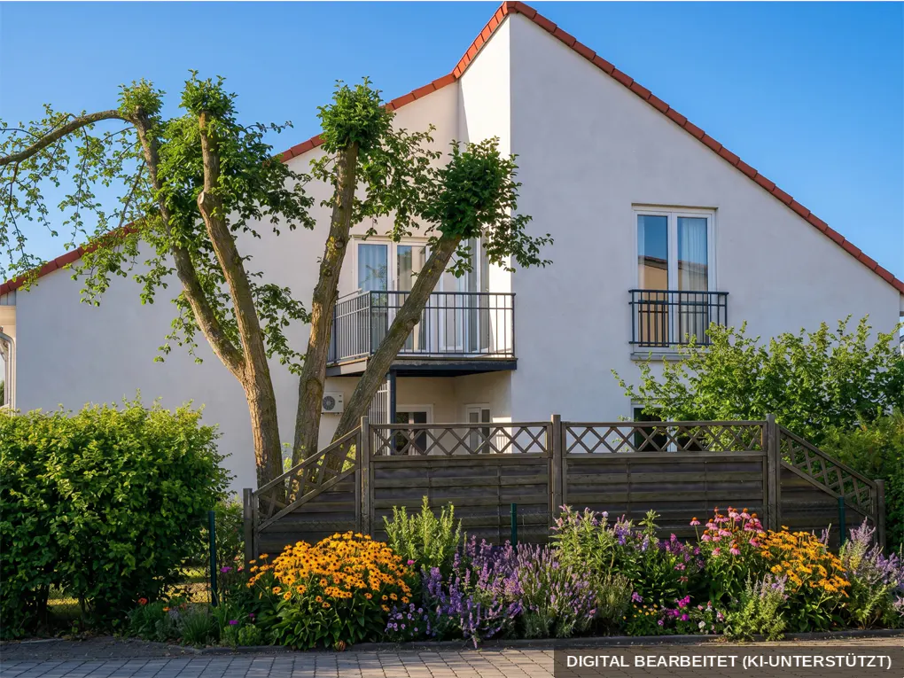 Two-story white house with a red roof, balconies, and a wooden fence. Flowers and trees surround the house. Blue sky.