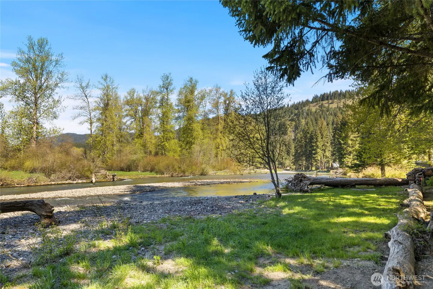 Scenic river view with green grass, trees, and a clear blue sky. A mountain covered in trees is in the background.
