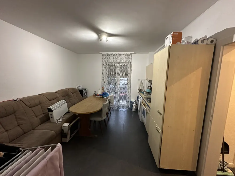 A wide shot of a studio apartment with a brown sofa, wooden table, and kitchen appliances.