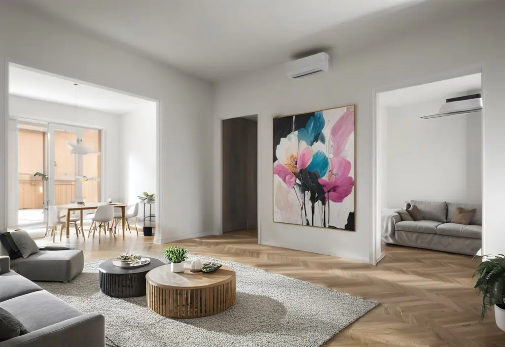 Modern living room with herringbone wood floors, a large floral painting, and views into a dining area and second lounge.