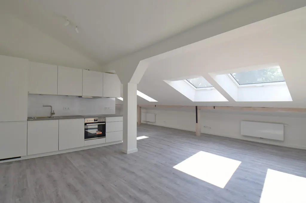 Bright, modern apartment with white cabinets, grey wood floors, and two skylights.