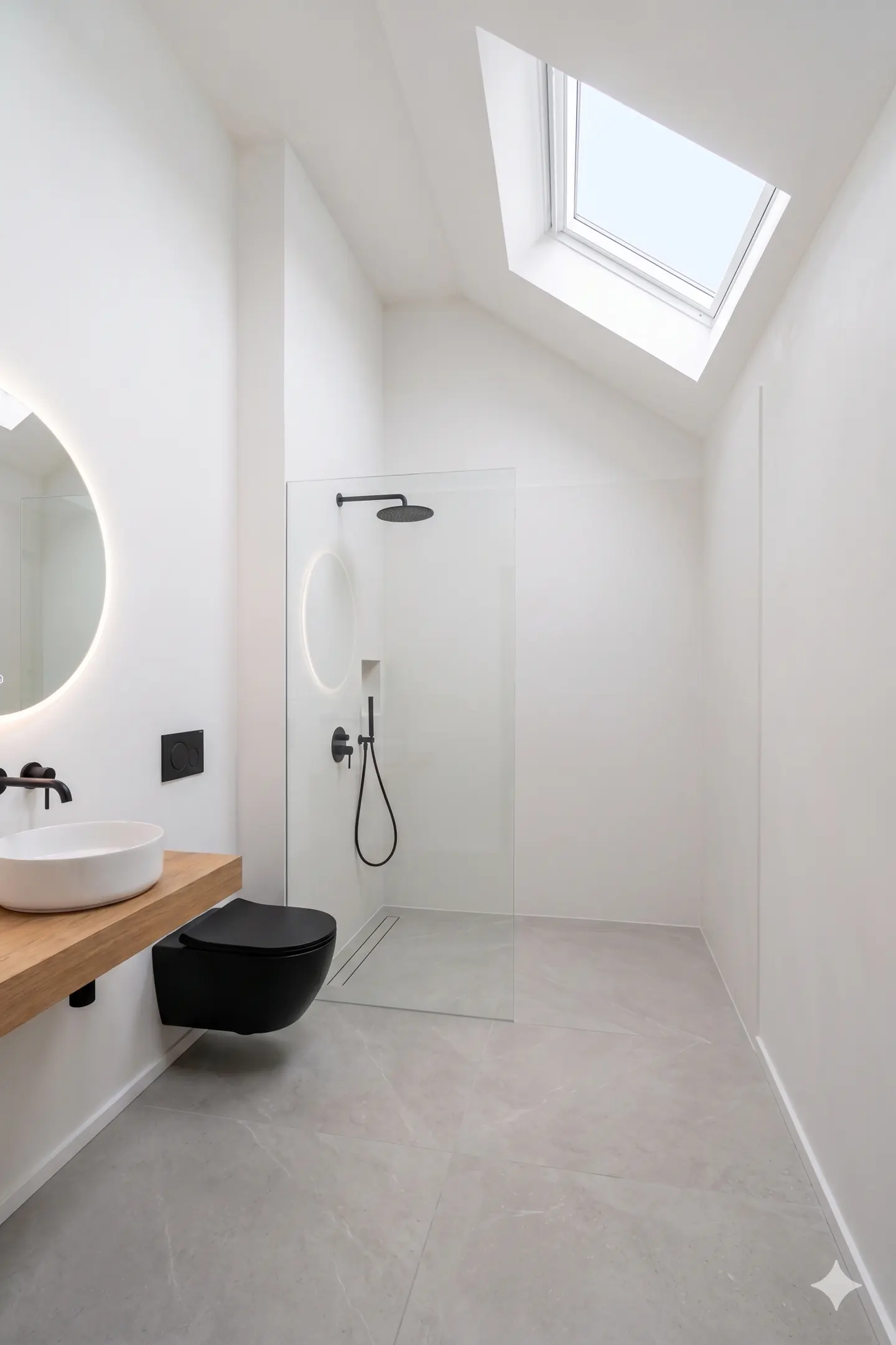 Bright, modern bathroom with white walls, gray tile floor, and skylight. Features a wood vanity with a white sink, black toilet, and glass-enclosed shower.