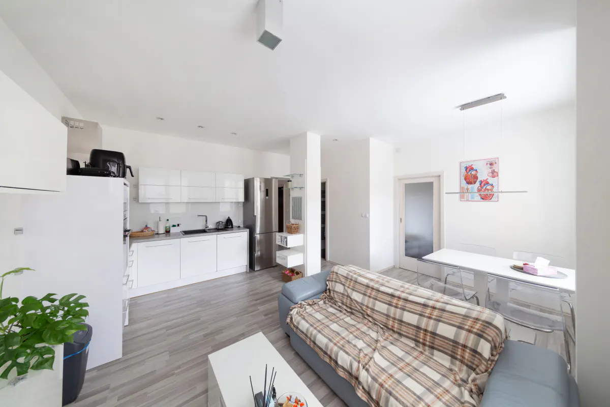 Bright, modern apartment interior with white walls, cabinets, and a stainless steel refrigerator. A plaid blanket covers a blue sofa.