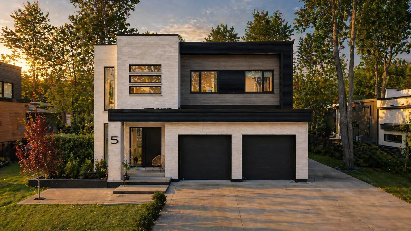 Two-story modern house with a two-car garage, white brick and dark gray siding, and a green lawn.