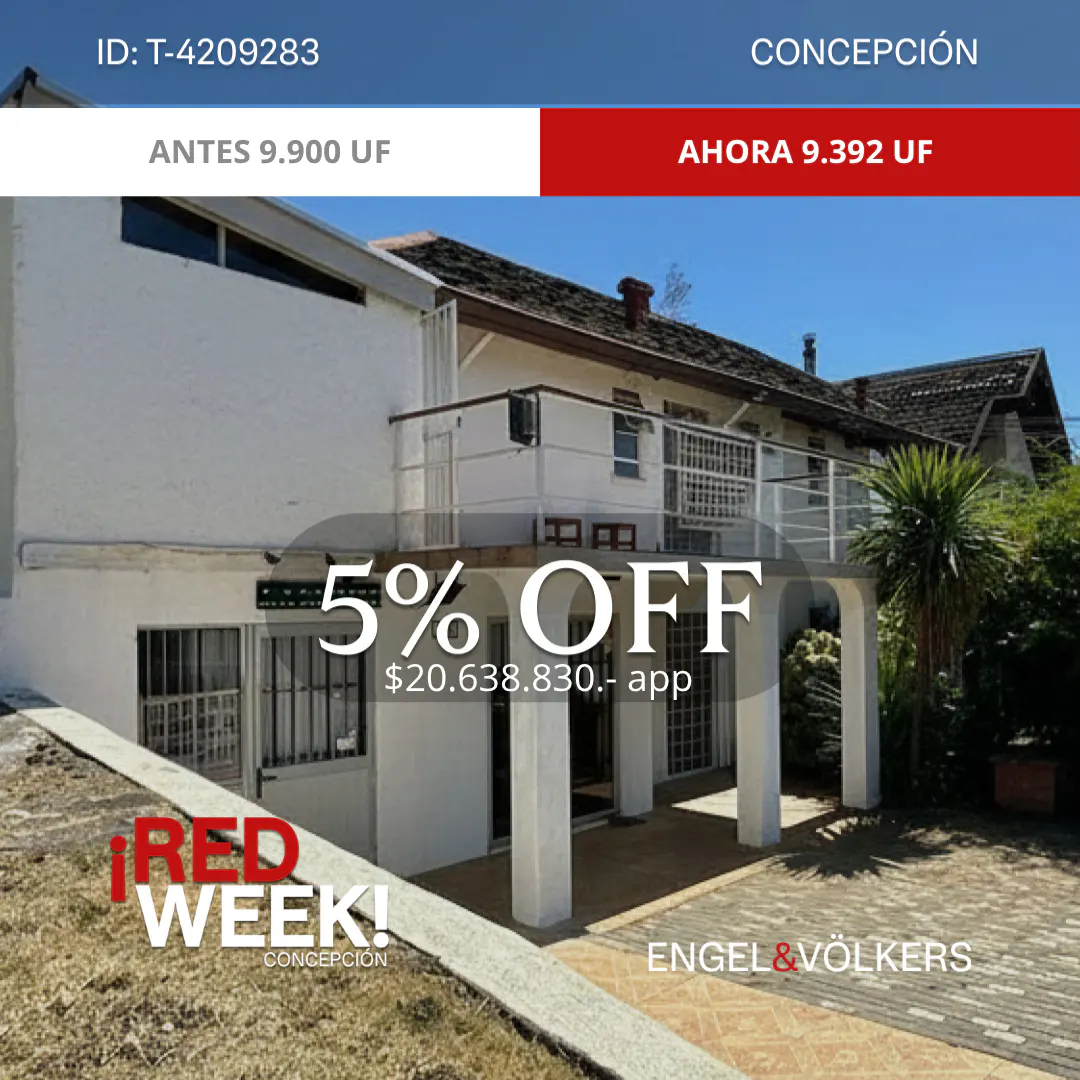 Two-story white house with a balcony, showing a "5% OFF" promotion and "RED WEEK" advertisement.